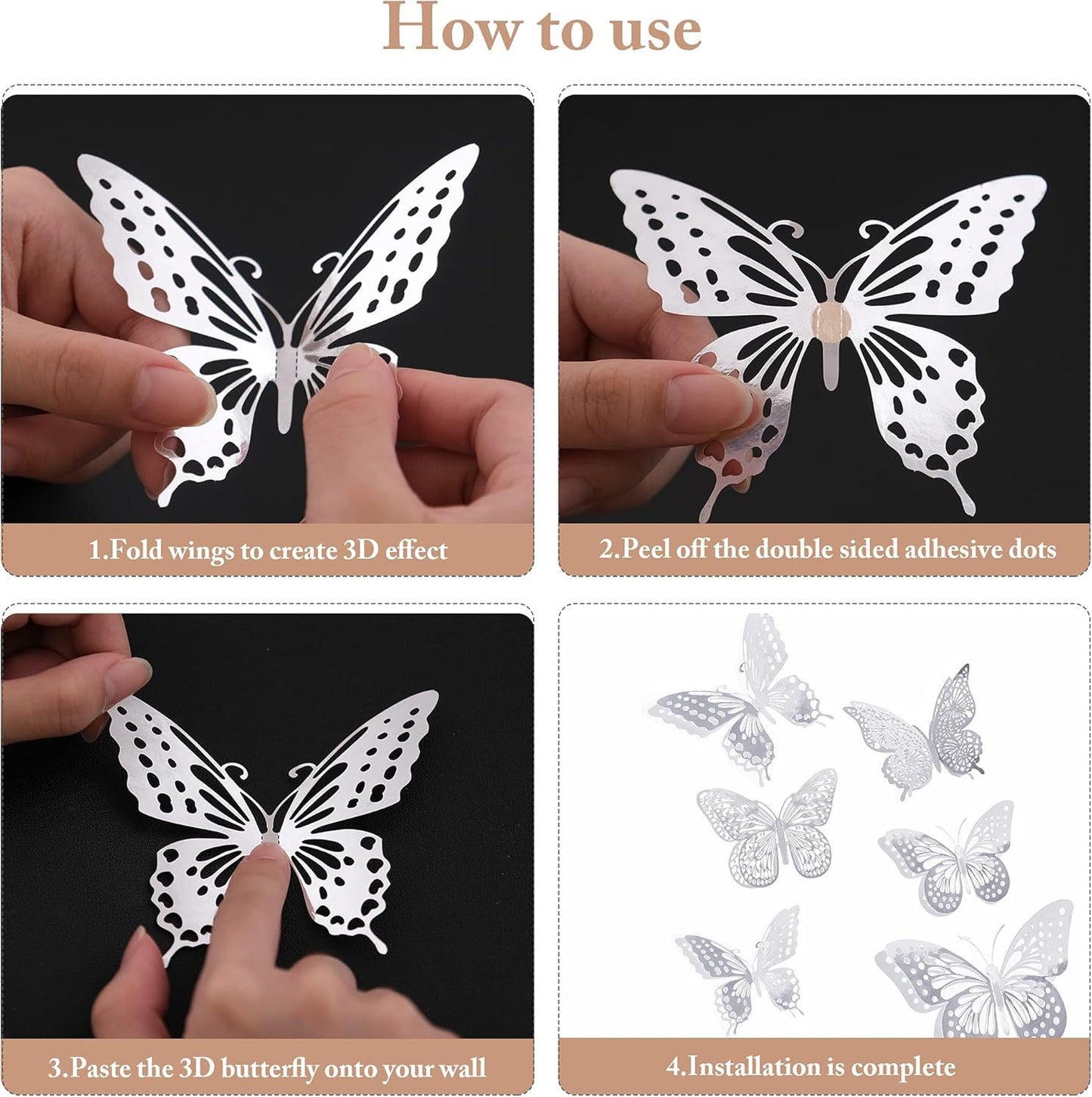 SAOROPEB 3D Butterfly Wall Decor, 48 Pcs 4 Styles 3 Sizes, Removable Metallic Wall Sticker Room Mural Decals for Kids Bedroom Nursery Classroom Party Decoration Wedding Decor DIY Gift (Sliver)