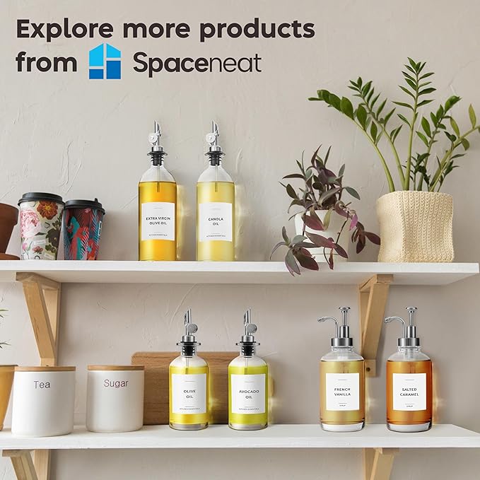 Olive Oil Dispenser Bottle - Includes 55 Kitchen Essential Labels - Cooking Oil Bottles for Kitchen, Coffee Syrup Dispenser - Pourer Spout with 11.8 fl oz Glass Container Cruet - 2pcs Silver