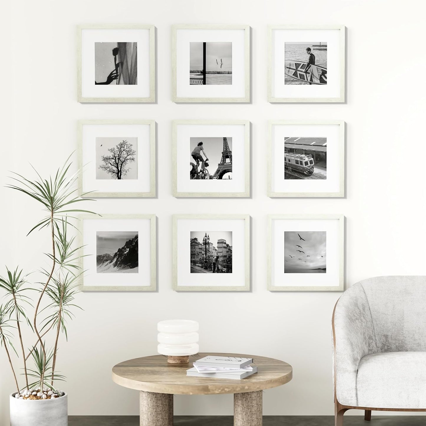 Vittanly 12x12 Picture Frames Set of 9, Shatter Resistant Plexiglass, Display 8x8 Pictures with Mat or 12x12 without Mat, Photo Frames for Wall Mount, Engineered Wood, Whitemist