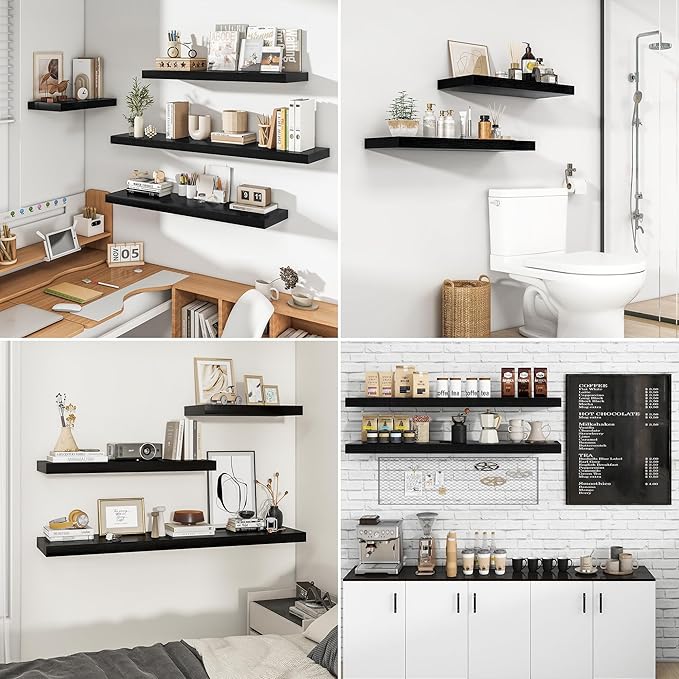 RICHFOCUS 31.5Inch Floating Shelves for Wall 2 Pack Shelves for Bedroom|Kitchen|Bathroom Wall Mounted Rustic Wood Floating Shelf with Invisible Brackets for Books|Storage|Decor, Black