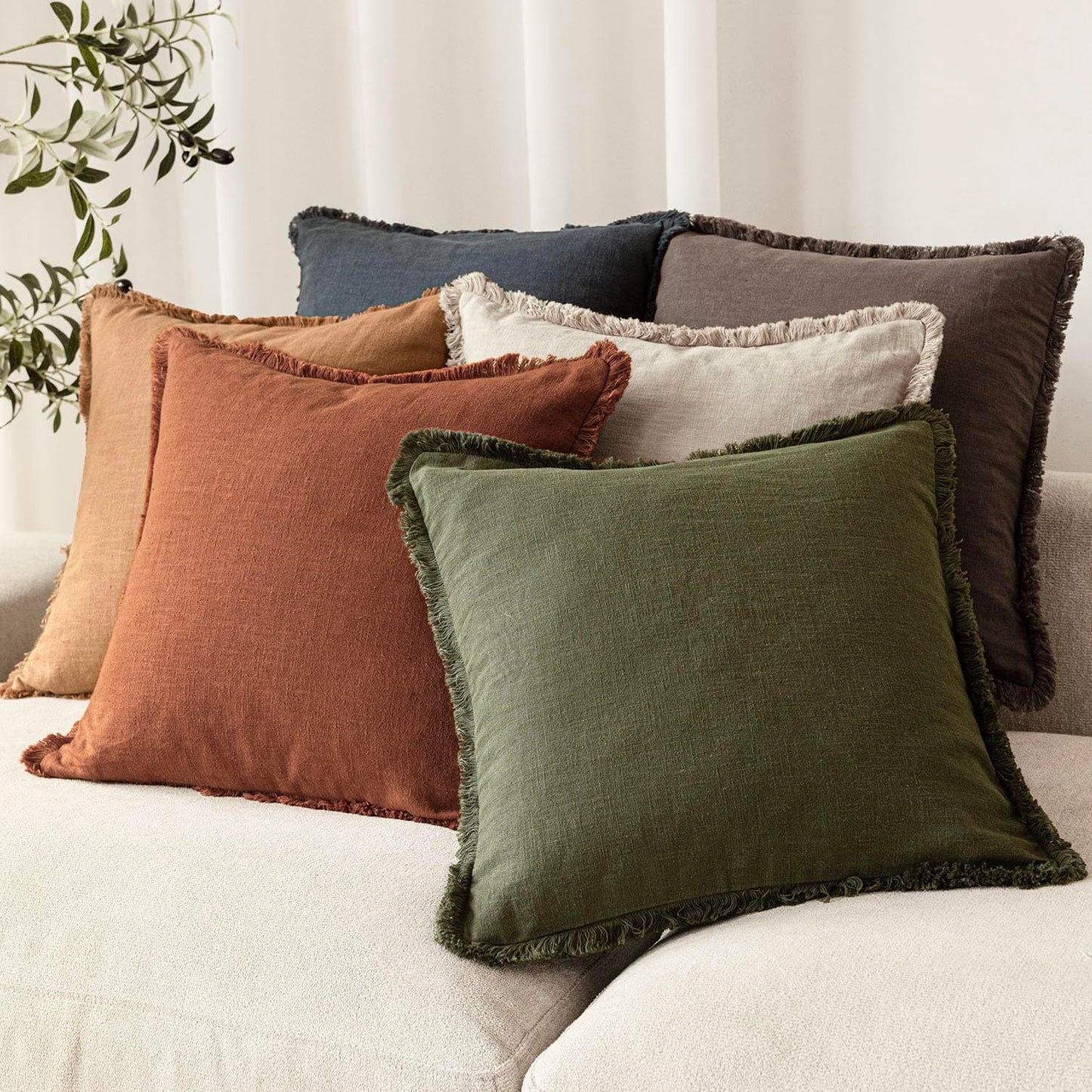 Foindtower Set of 2 Decorative Linen Fringe Throw Pillow Covers Boho Farmhouse Cushion Cover with Tassels Soft Accent Pillowcase for Couch Sofa Bed Living Room Home Decor,18×18 Inch,Orange Brown