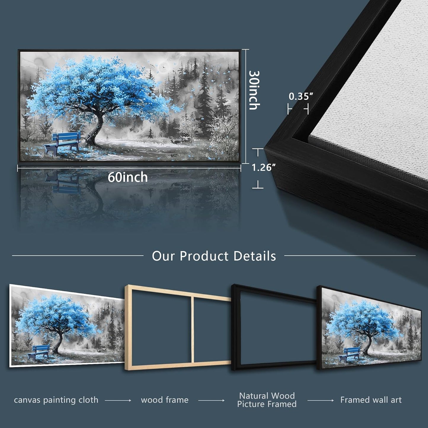 ZUITINGHUA Black Framed Canvas Wall Art For Living Room Large Wall Decor For Office Bedroom Decorations Blue Tree Landscape Pictures Black And White Paintings Artwork Aesthetic Home Decor 30x60 In