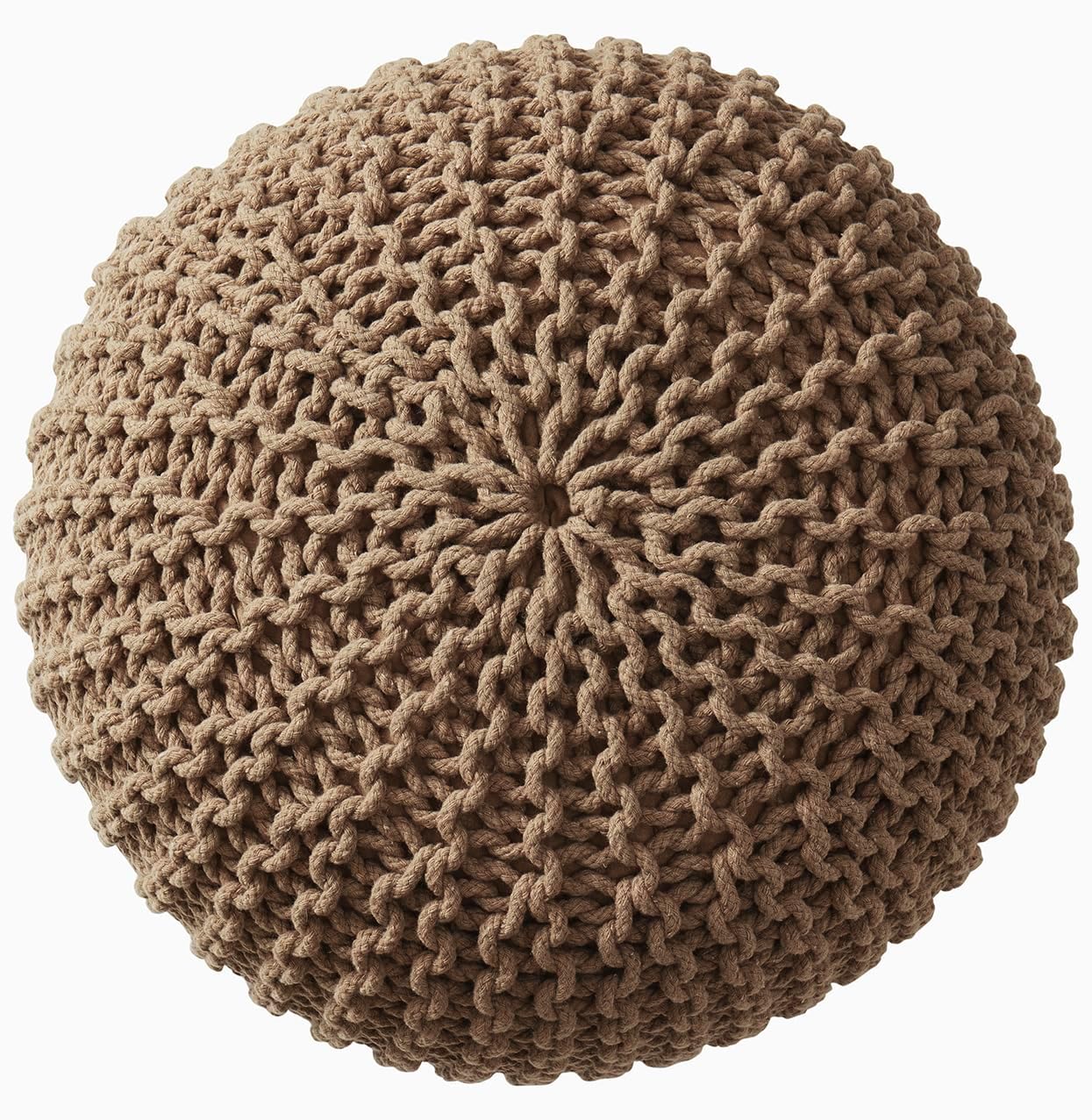 Ornavo Home Pouf Ottoman Foot Rest - 100% Cotton Pouffe - Hand Knitted Cable Braid Cord - Boho Round Stuffed Ottoman for Living Room, Bedroom - Taupe/Brown