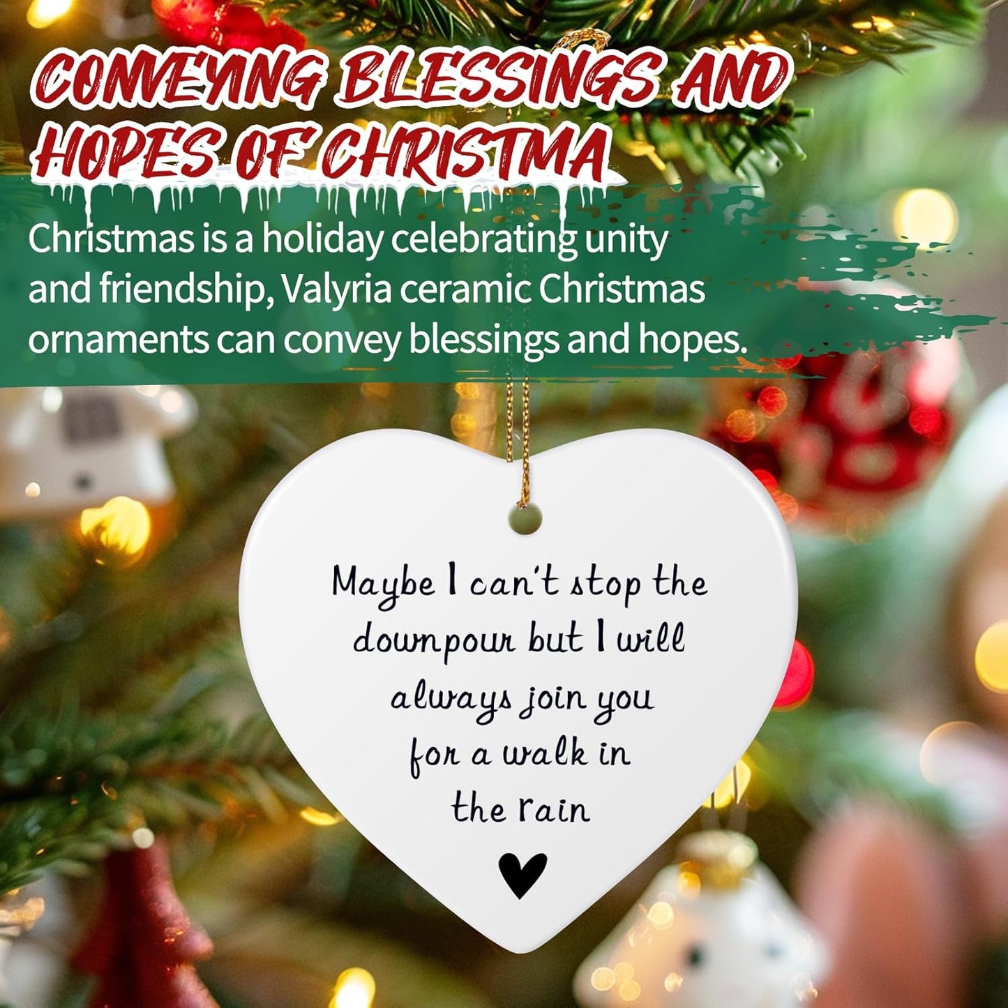 Personalized Maybe I Can't Stop The Downpour Ornament, Friendship Gifts for Women Best Friend Bestie Sister Brother, Tough Time Gift, Ceramic Heart Christmas Ornaments