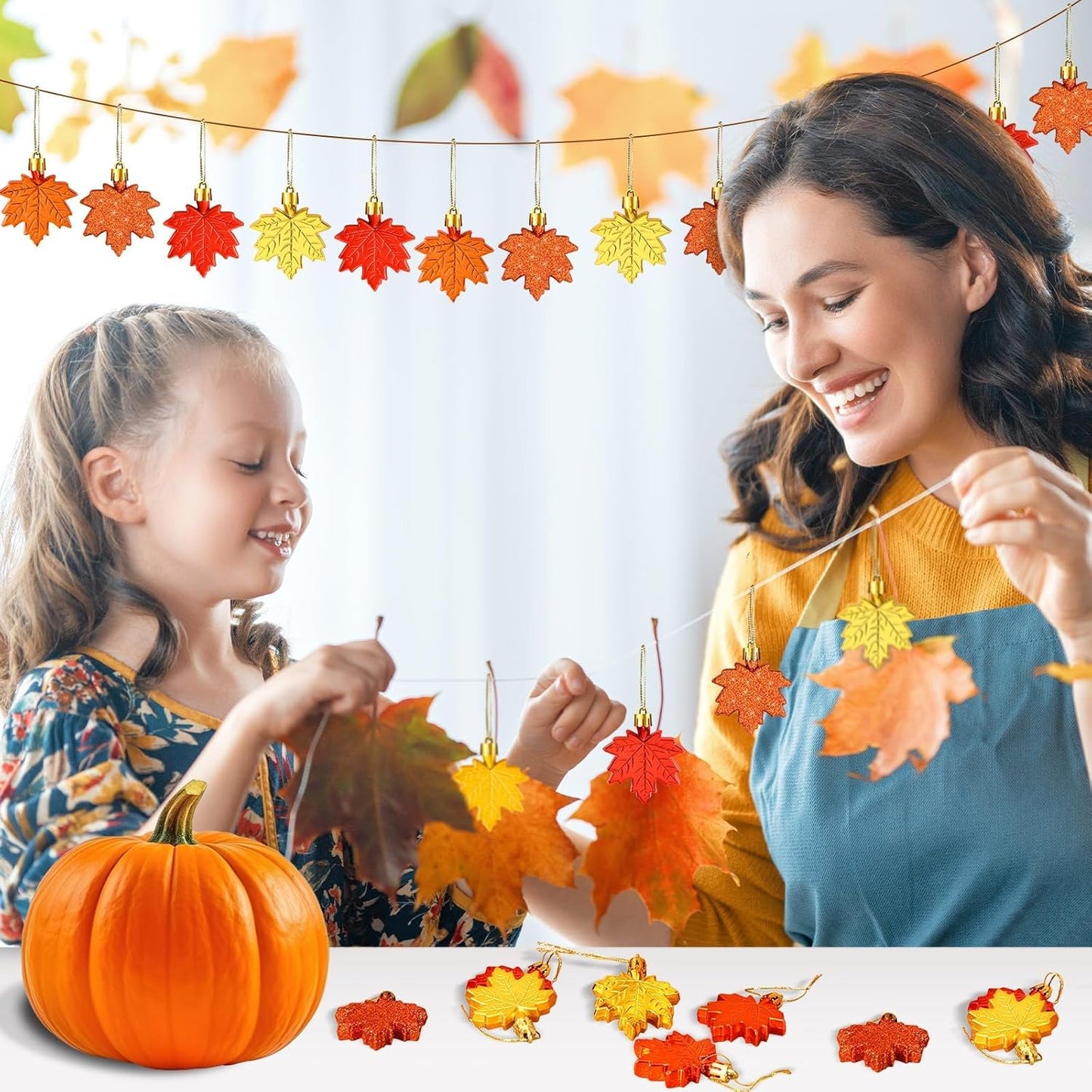 JULMELON 24 Pcs Fall Thanksgiving Maple Leaf Ornaments Tree Decorations Fall Autumn Mini Maple Hanging Ornaments with Rope Glitter Maple Pendant for Farmhouse Rustic Party Favors Supplies