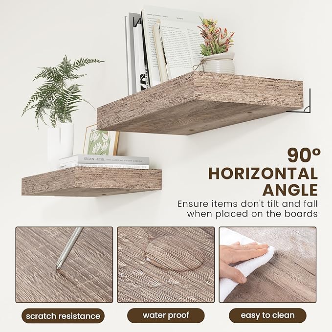 Deep Floating Shelves for Wall | 24 Inch Wide x 12 Inch Deep Floating Shelves | 24W x 12D Rustic Grey Wood Wide Wall Shelves | Bookshelf Laundry Shelf TV Shelf