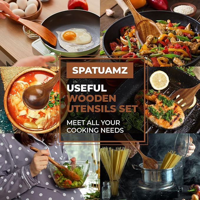 SPATUAMZ Wooden Cooking Spoons, Ladle and Spatula, Fine Polished Teak Wood Cooking Utensils Set of 6, Nonstick Wooden Kitchen Spoon & Spatula Set