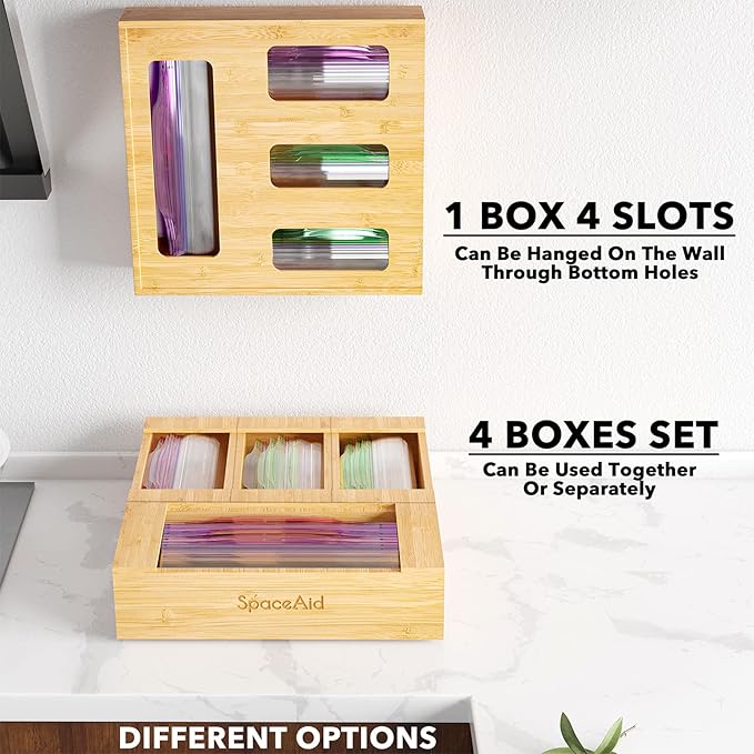 SpaceAid Bag Storage Organizer for Kitchen Drawer, Bamboo Organizer, Compatible with Gallon, Quart, Sandwich and Snack Variety Size Bag (4 Pack)