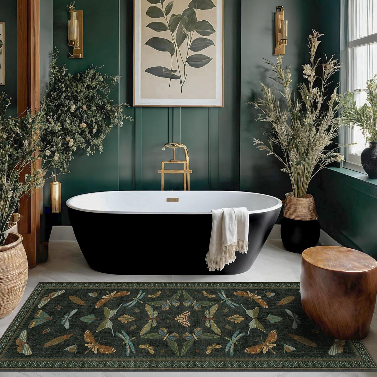 2x6 Entryway Runner Rug - Dark Green Kitchen Runners, Insect Floral Indoor Floor Décor, Washable Soft Non Slip with Rubber Backed