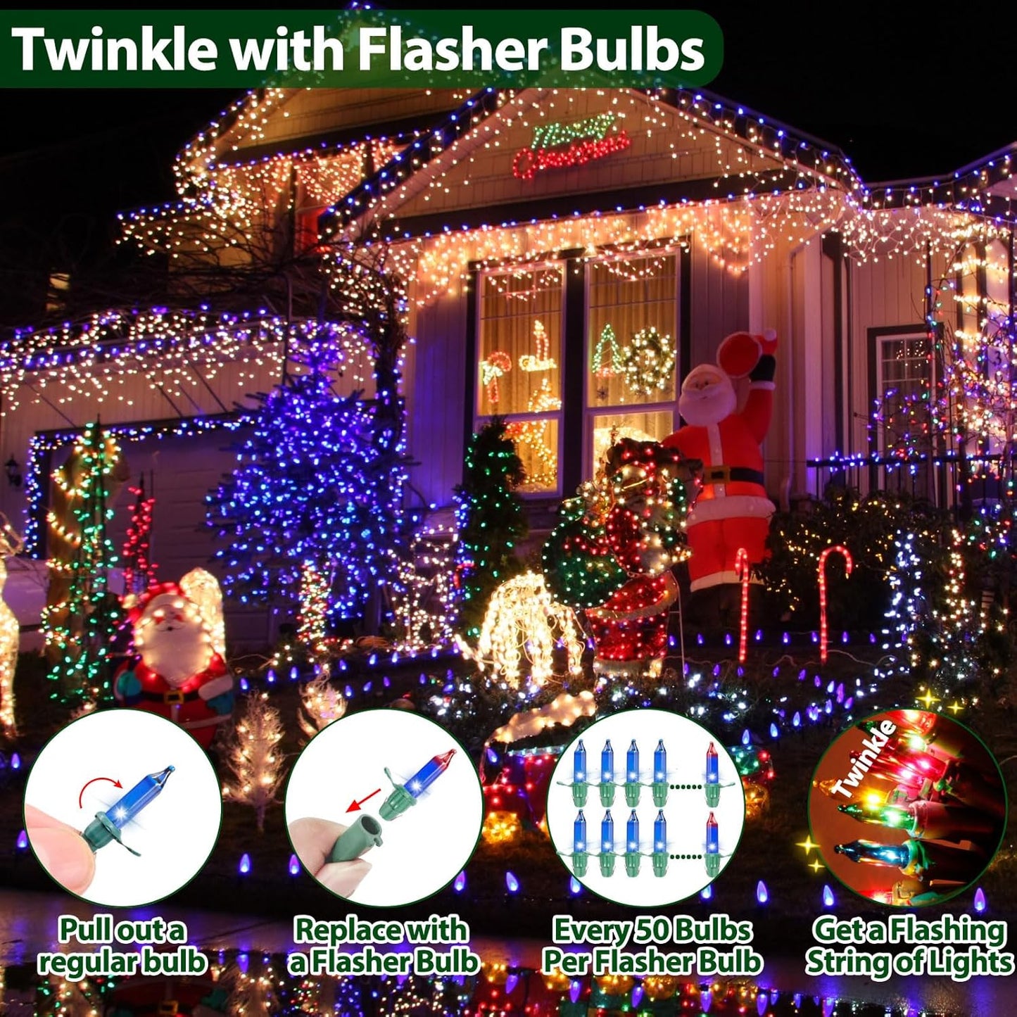 Multicolor Christmas Lights String 50FT 200 Count Incandescent Bulbs Mini Lights with Green Wire for Christmas Tree, Garland, Wedding, Party, Home, Indoor & Outdoor Festival Decoration