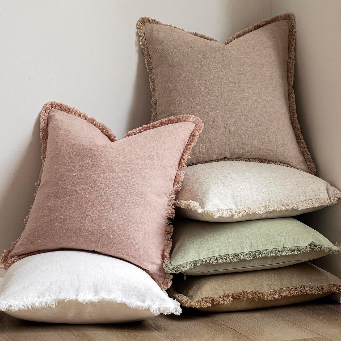 Foindtower Set of 2 Decorative Linen Fringe Throw Pillow Covers Farmhouse Cushion Cover with Tassels Lumbar Accent Pillowcase for Couch Bed Living Room Home Bedroom Decor,12×24 Inch,Light Sage Green