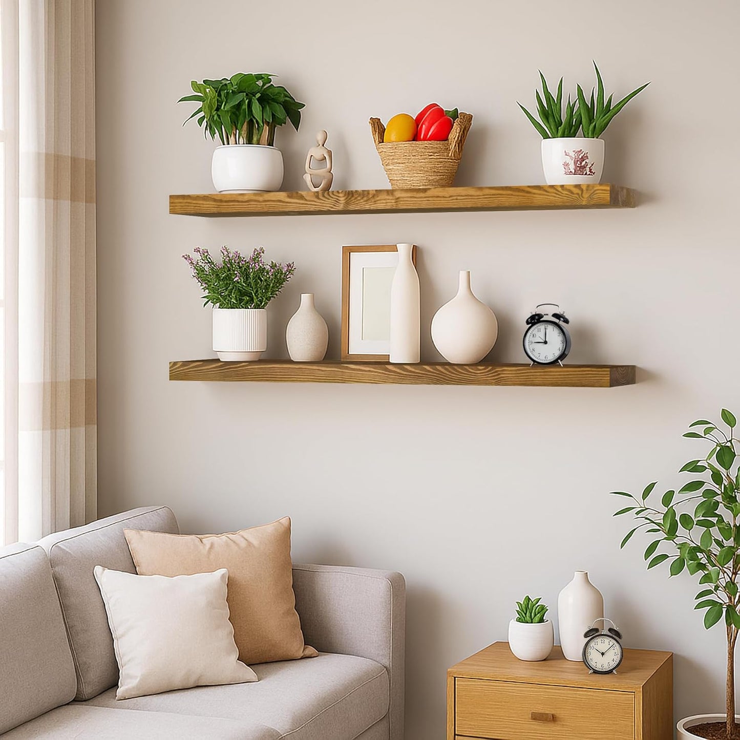 BGMG Wood Floating Shelves for Wall 30 inch Set of 2, Rustic Wooden Wall Mount Shelves for Living Room Bedroom Kitchen Farmhouse -30x6.7x1.25 inch- Gold Oak