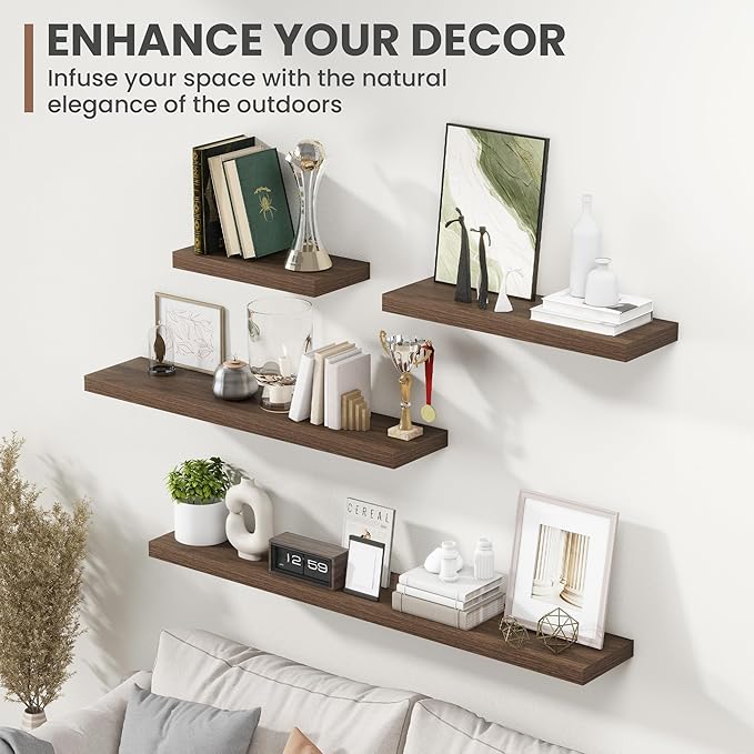 24 Inch Floating Shelves, 8 Inch Deep Floating Shelves for Wall, Hanging Shelf with Invisible Brackets, Deep Shelves for Bathroom, Bedroom, Living Room, Walnut, Set of 2