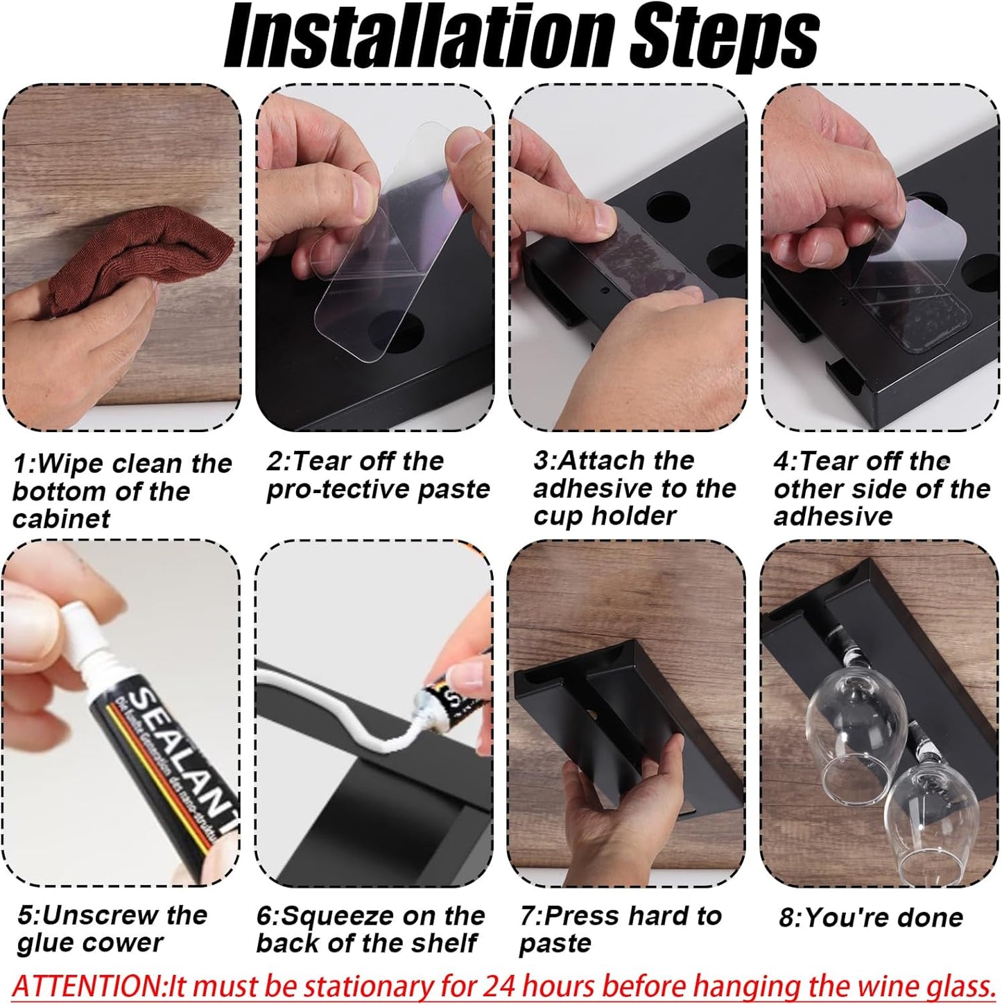 Wine Glass Holder Stemware Rack Hanger Under Cabinet or Counter for Bar,Kitchen and Restaurant Set of 4(black)