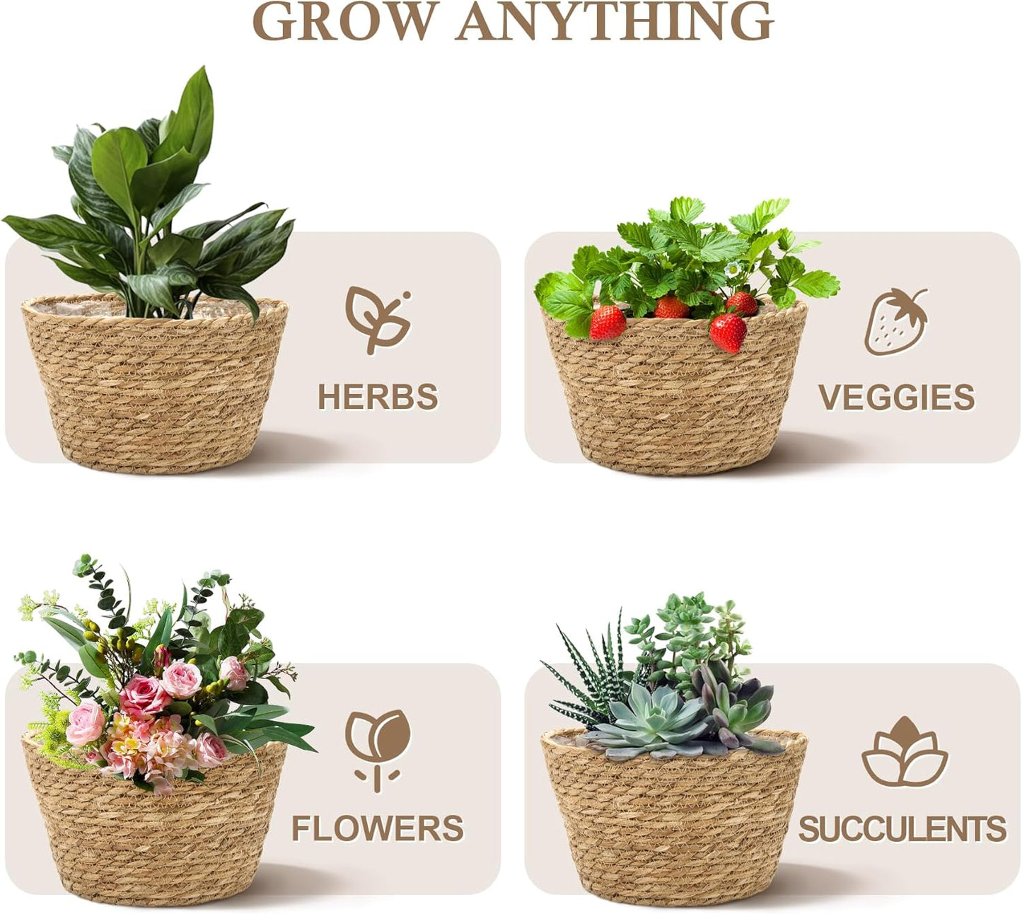 Athaliah Plant Basket Set of 3, Indoor Woven Planter Baskets with Plastic Liner, Water Hyacinth and Corn Husk Decorative Pots for Rustic Home & Floor Plant Decor (Natural Color-3)