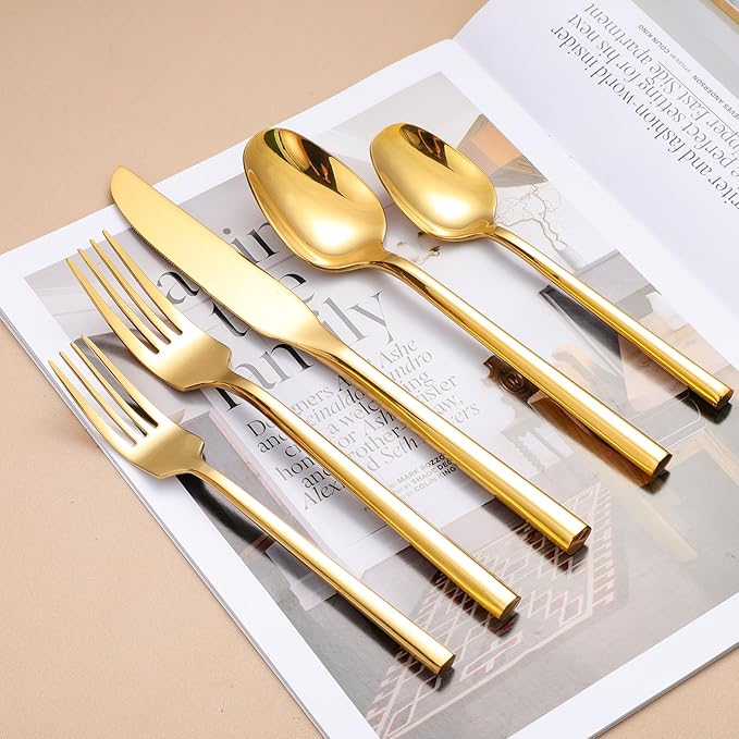 Mirror Silverware Set Gold Flatware Set with Hexagon Handle 20 Pieces 18/0 Stainless Steel Cutlery Set Wedding Housewarming Gift Service for 4 (Mirror gold)
