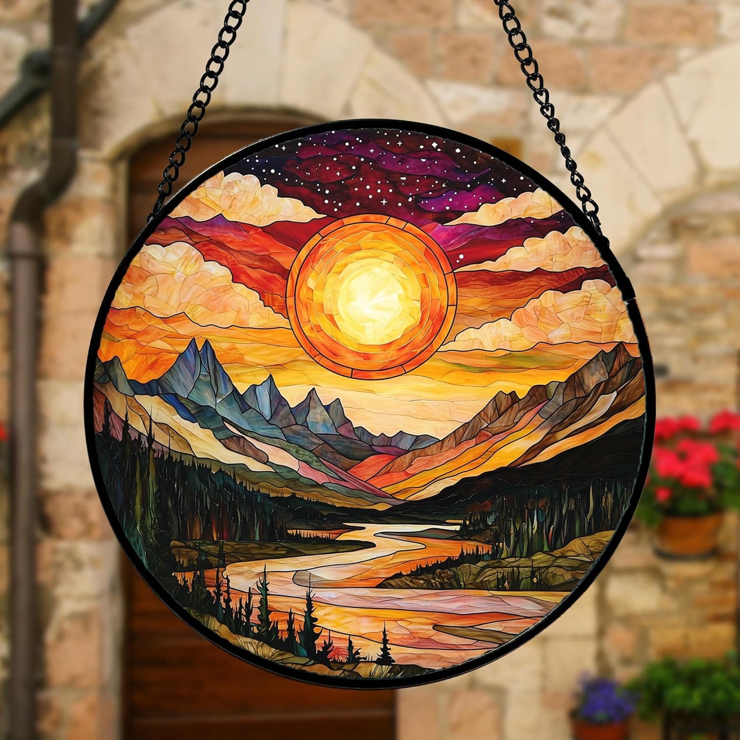Stained Glass Window Hanging, Dusk Sunset Landscape Sun Catchers Glass Panel Lakes and Mountains Suncatcher Decor for Birthday for Women, Men, Wife, Aunt, and Mom 7.8 in