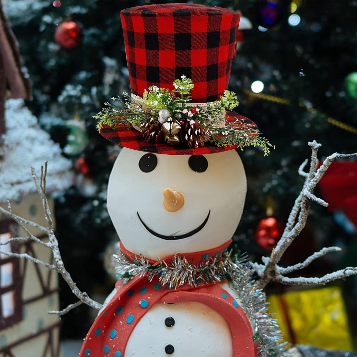 Prsildan Christmas Plaid Top Hat Tree Topper with Pine Cones, Berries, and Bells - Holiday Decor