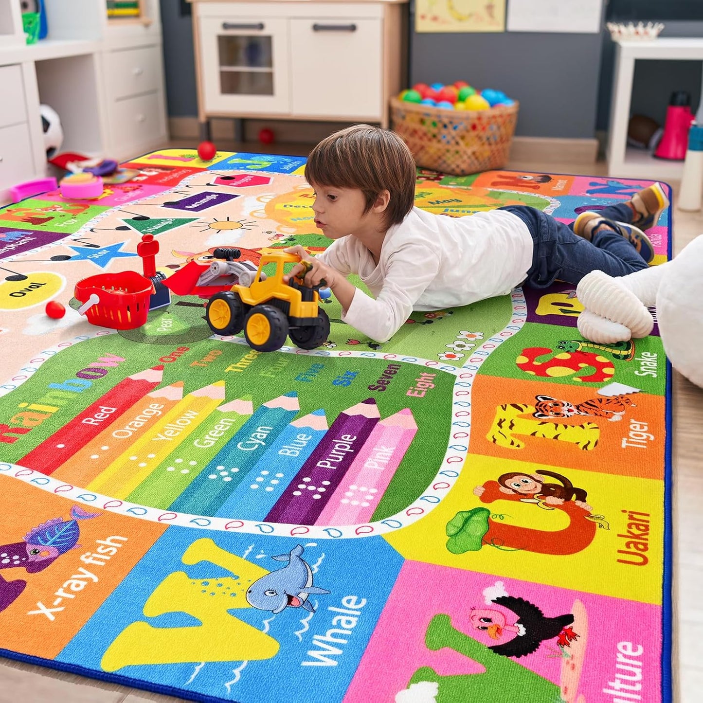 7x10 Playroom Rugs for Kids Washable, Educational and Fun Playmat with ABC Alphabet Animals Shapes Colors, Non-Slip Play Mat Learning Rugs for Baby Toddler Children Game Activity