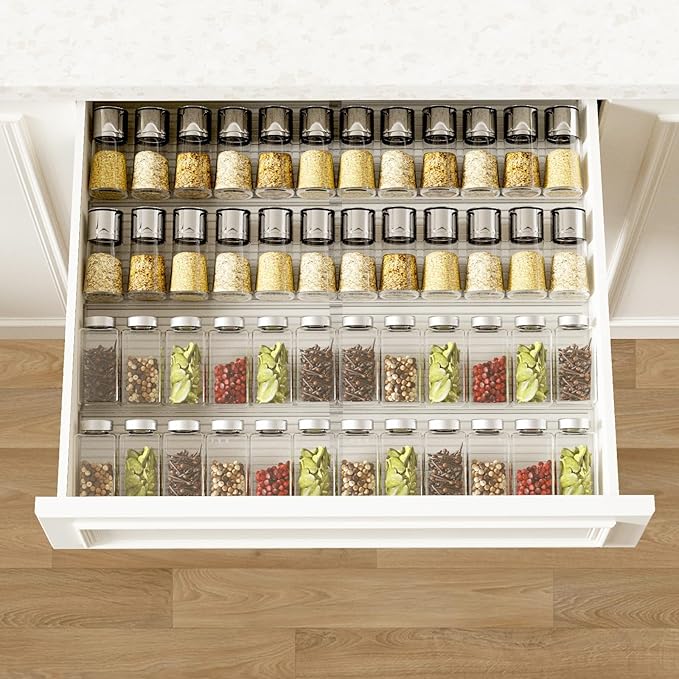 AMBIRD Spice Drawer Organizer, 4 Tier-2 Set Clear Spice Rack Tray Expandable From 11'' to 22'', Seasoning Organizer with non-slip tape for Kitchen, Cabinet, Drawers, Countertop(JARS NOT INCLUDED)