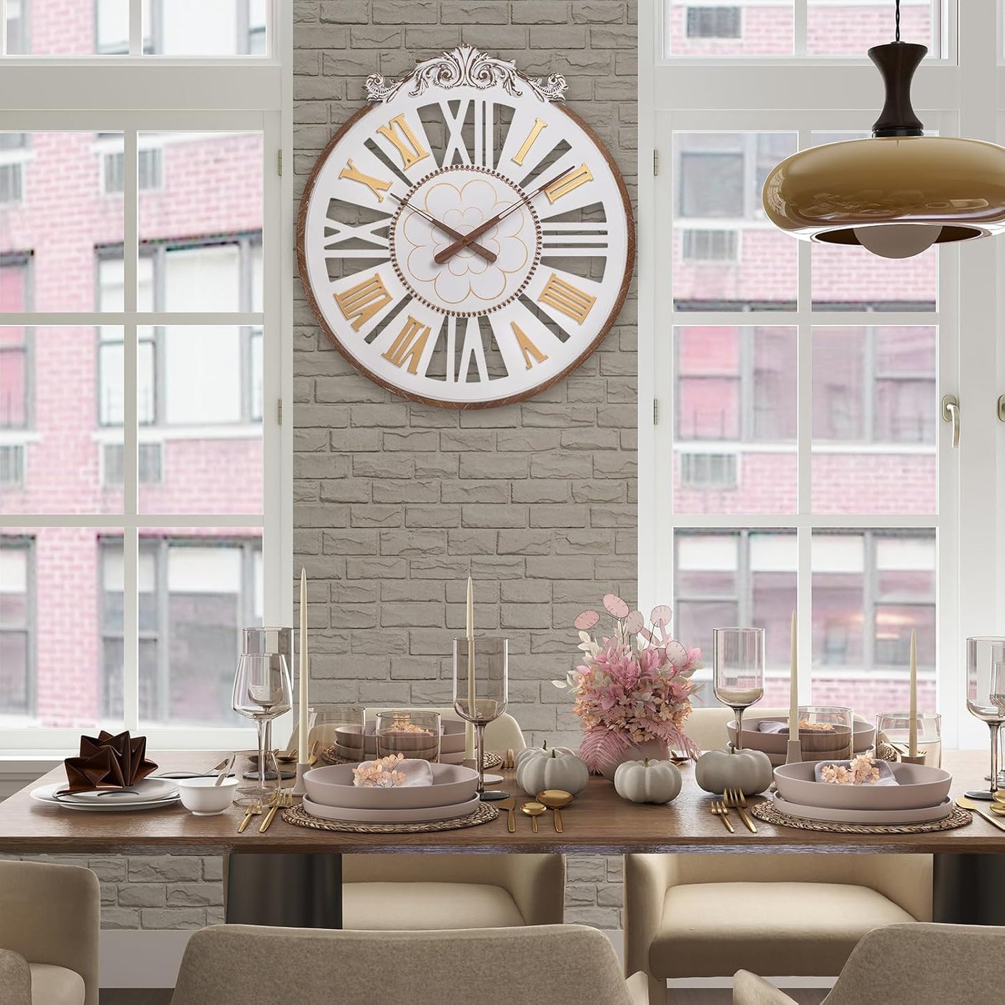 Large Wall Clock–24 Inch Farmhouse Wall Clocks -Big Boho Wood Wall Clock, Silent and Battery Operated Round Rustic Clock for Living Room, Kitchen and Office Decor, White