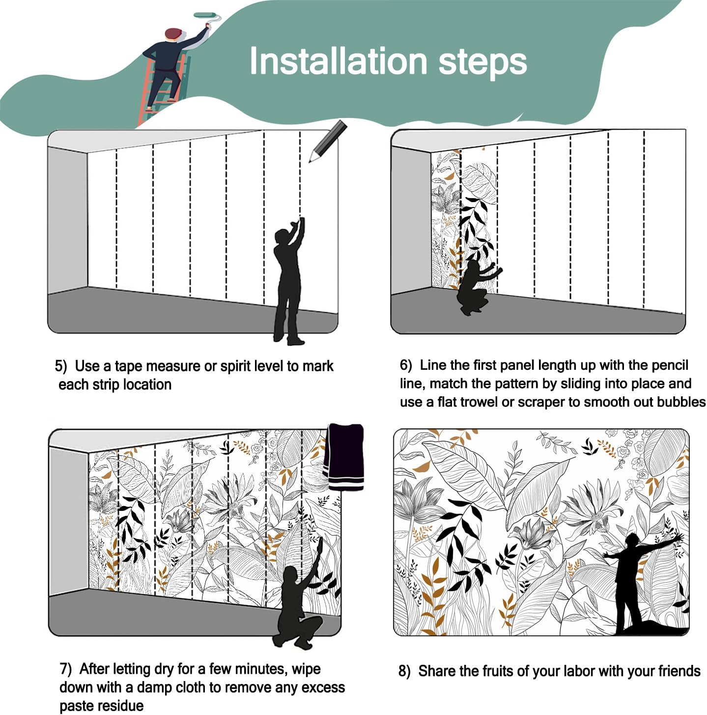 -Hand-Painted Flower Plant Fabric Wallpaper Simple Art Living Room 180" x 115" (Not Peel and Stick)