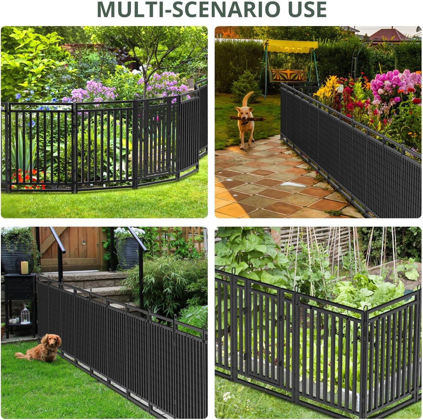Decorative Garden Fence Metal Dog Fence Outdoor for Yard, 18ft (L) × 32in (H), 7 Panels + 1 Gate, Heavy Duty Animal Barrier Fencing for Patio & Flower Bed, No Dig, Black-Silver