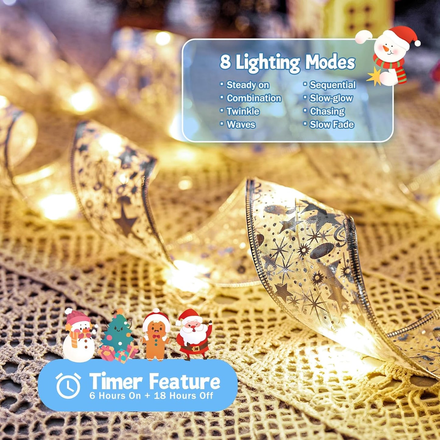 2 Pack Christmas Tree Ribbon String Lights - 33ft 100 LED Battery Powered Ribbon Bow Fairy Lights with Timer and 8 Lighting Modes for 6ft - 8ft Christmas Tree New Year Decor, Silver Ribbon