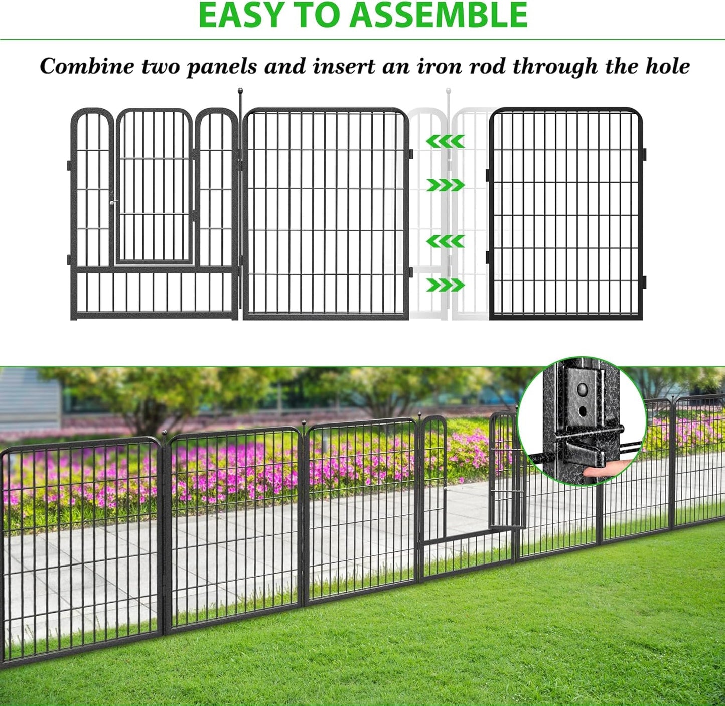 Decorative Black Metal Fencing Garden Fence with Gate, 36ft(L) 32in(H) 16 Fence Panels No Dig Fence Rustproof Animal Barrier Fence Temporary Dog Panels Fencing Outdoor