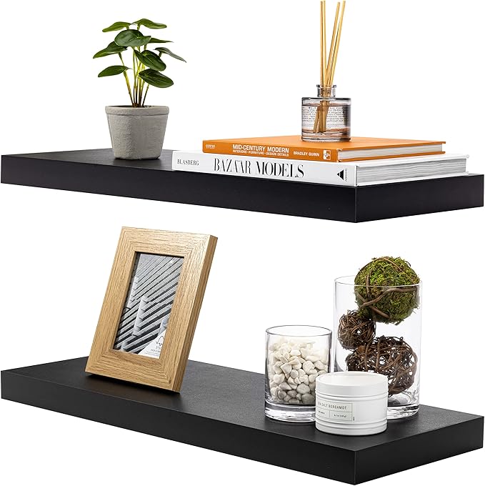 Sorbus Floating Shelves for Wall - 24" Bathroom Shelves, Wall Decor for Bedroom, Kitchen, Living Room, Home Decor & Book Storage - Mounted Floating Shelf with Invisible Brackets (Black, 2 Pack)