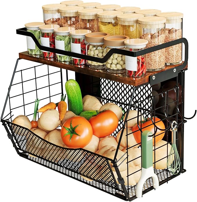 Magnetic Shelf for Fridge with Wood Lid, Large Capacity Magnetic Spice Rack for Refrigerator with 4 Hooks, Magnetic Basket for Kitchen Pantry Laundry Organizers Storage(2 Pack)