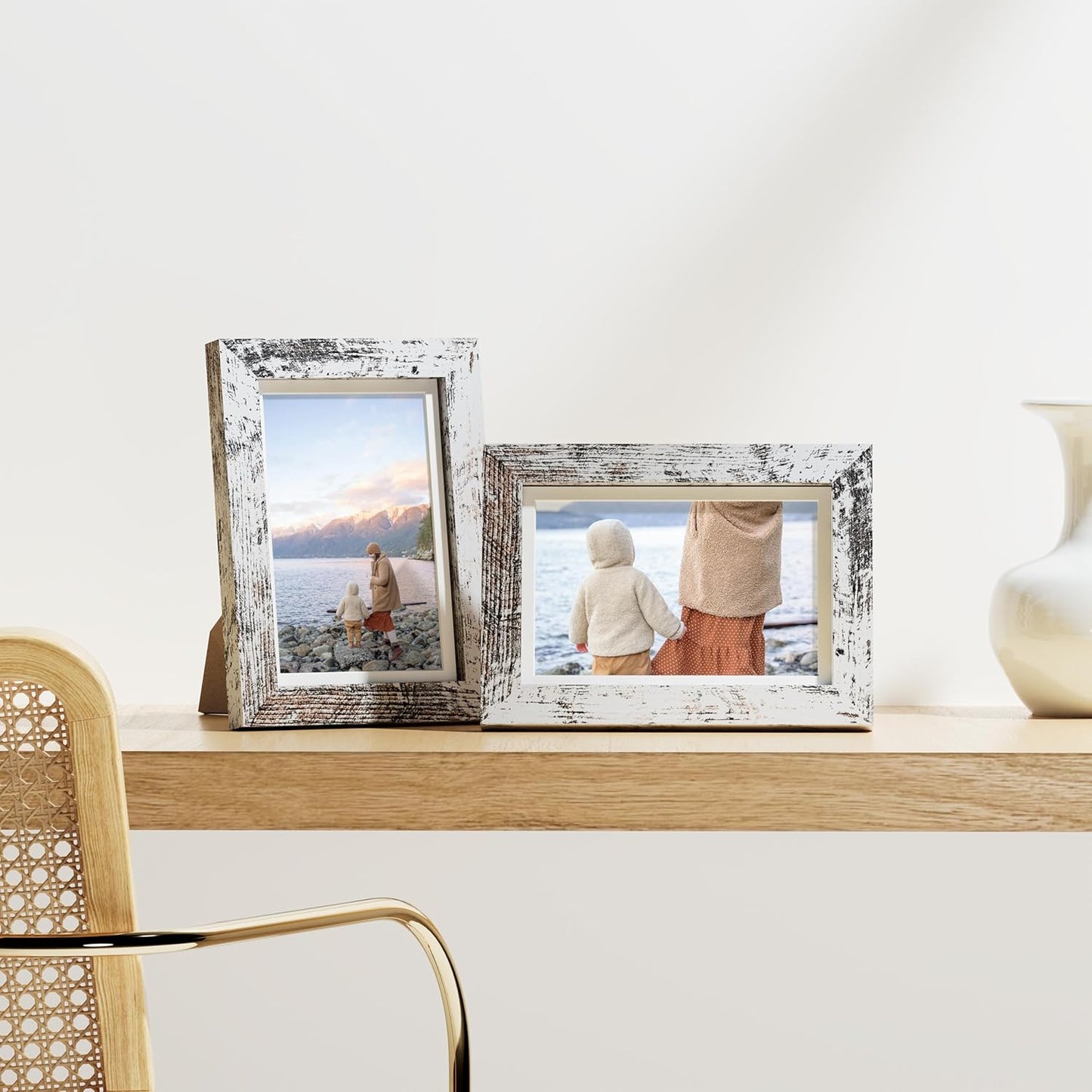 Vittanly 4x6 Picture Frames Set of 9, Shatter Resistant Plexiglass, Display 3.5x5 Pictures with Mat or 4x6 without Mat, Photo Frames for Wall or Tabletop, Engineered Wood, Distressed White