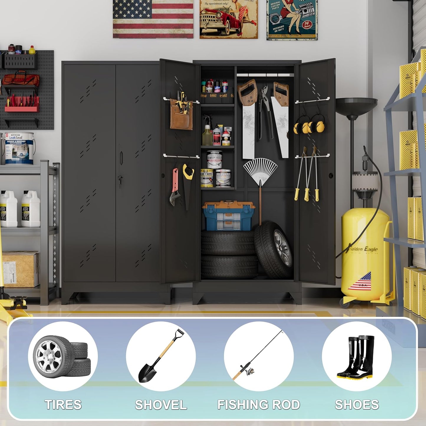 Metal Garage Storage Cabinet, 75” Cleaning Tool Cabinet with Hooks and Hanging Rods, Heavy Duty Garden Tool Organizer, Broom Cabinets for Home, Garage, Laundry Room, Gym, Workshop