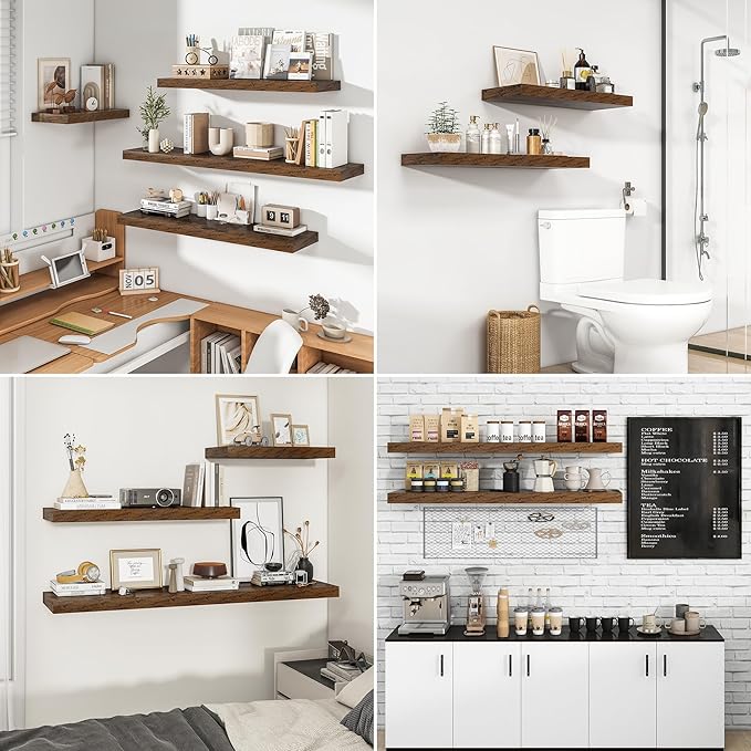 RICHFOCUS 55Inch Floating Shelves for Wall 2 Pack Shelves for Bedroom|Kitchen|Bathroom Wall Mounted Rustic Wood Floating Shelf with Invisible Brackets for Books|Storage|Decor, Rustic Brown