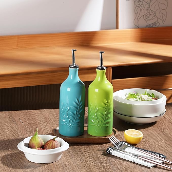 Sweejar Ceramic Olive Oil Dispenser Bottle, 20 Oz Relief Opaque Oil Cruet Protects To Reduce Oxidation, Suitable for Storage, Vinegar, Soy Sauce,Liquids,Set of 2 (Gradient Blue Gradient Green)