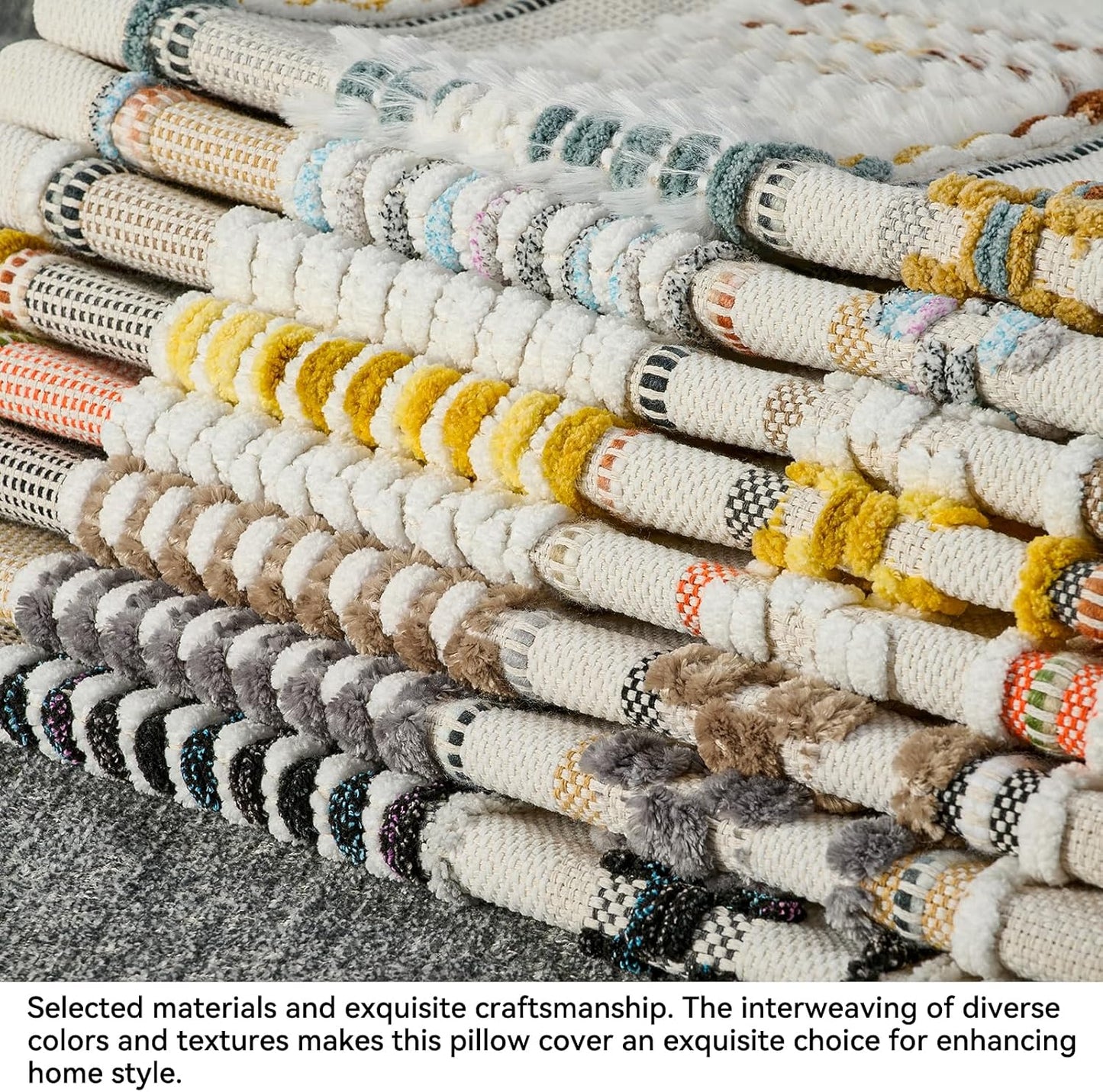 AmHoo Set of 2 Chenille Striped Textured Boho Throw Pillow Covers Aesthetic with Tassels Woven Decorative Pillow Case for Couch Bed Sofa Bedroom Modern Funky 18 x 18-Inch White Multicolor