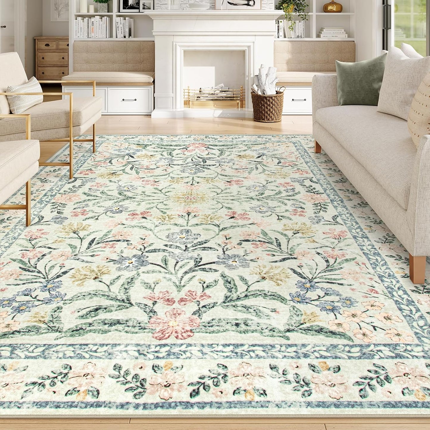 Wonnitar Large Rugs for Living Room, Soft Washable Floral 9x12 Area Rug for Bedroom, Boho Non-Shedding Foldable Carpet for Kids Playroom Apartment Home Decor