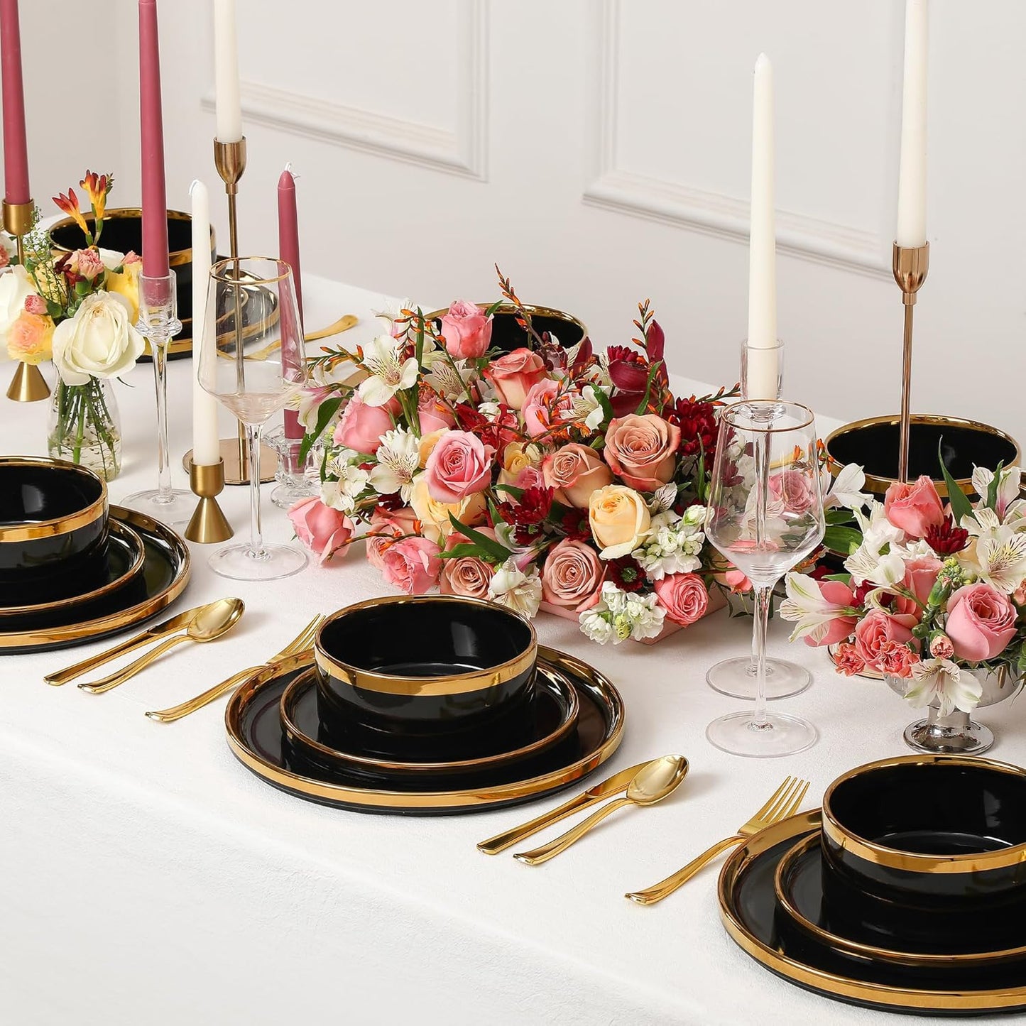 Christian Siriano Solene Stoneware Dinnerware, 24-Piece Plates and Bowls Set, Dish Set for 8, Black with Gold Rim, Glossy Finish, Hand Wash Only