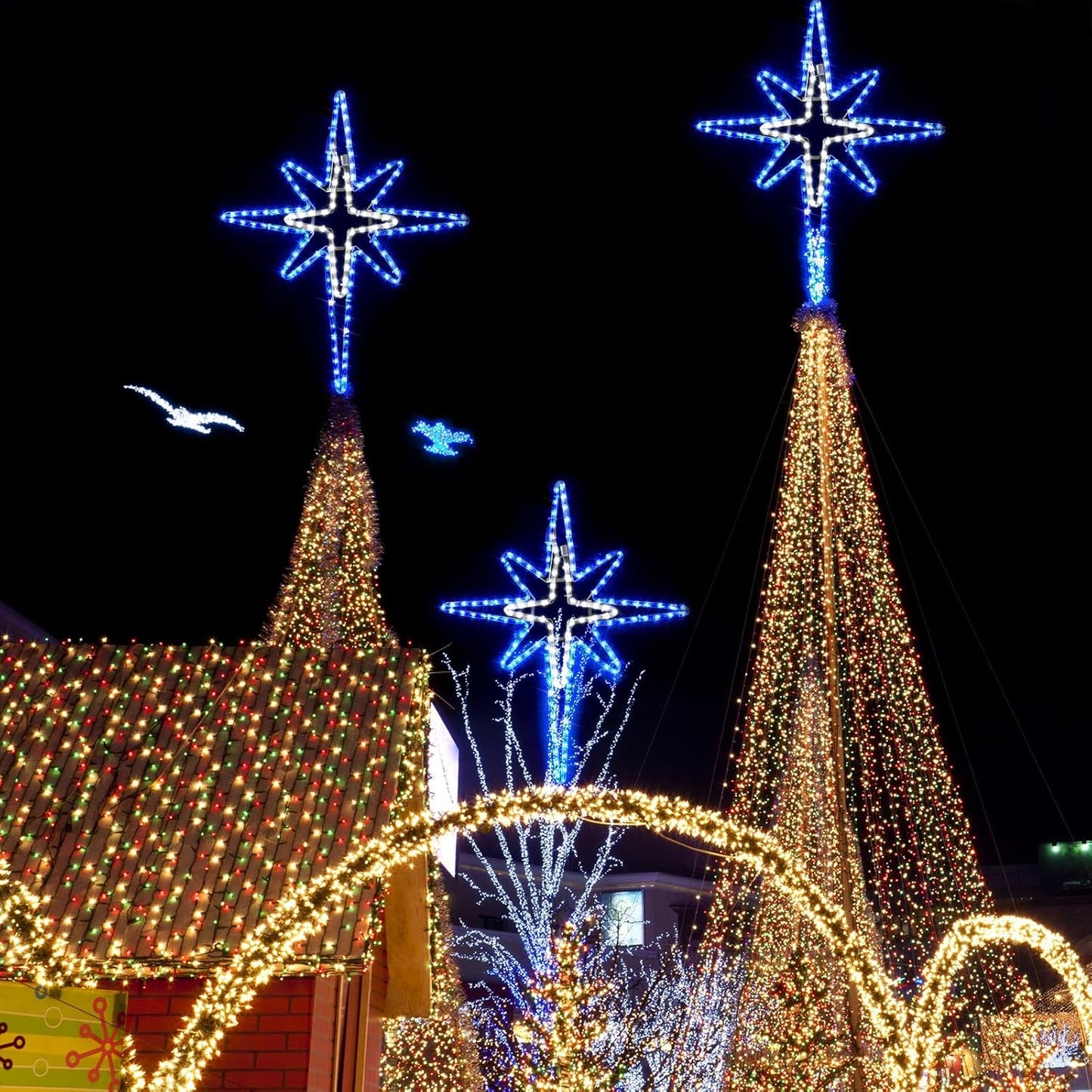 28" Christmas Star of Bethlehem LED Star Hanging Lights Nativity Holy Family Light for Door Window Porch Wall Decoration Plug Operated Lighted Hanging Tree Topper(Blue, White)