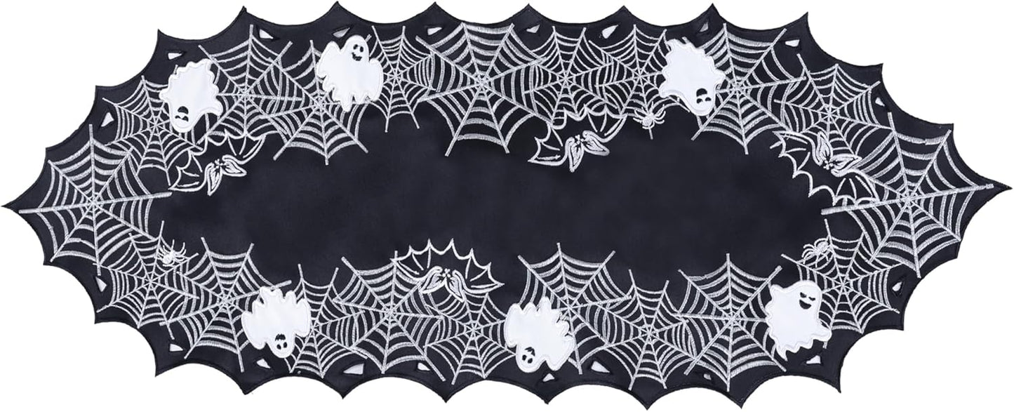 Chlophy Halloween Table Runner Black Spider Web Table Runner Gothic Embroidered for Kitchen Dining Halloween Décor Home Party Table Decoration 36in