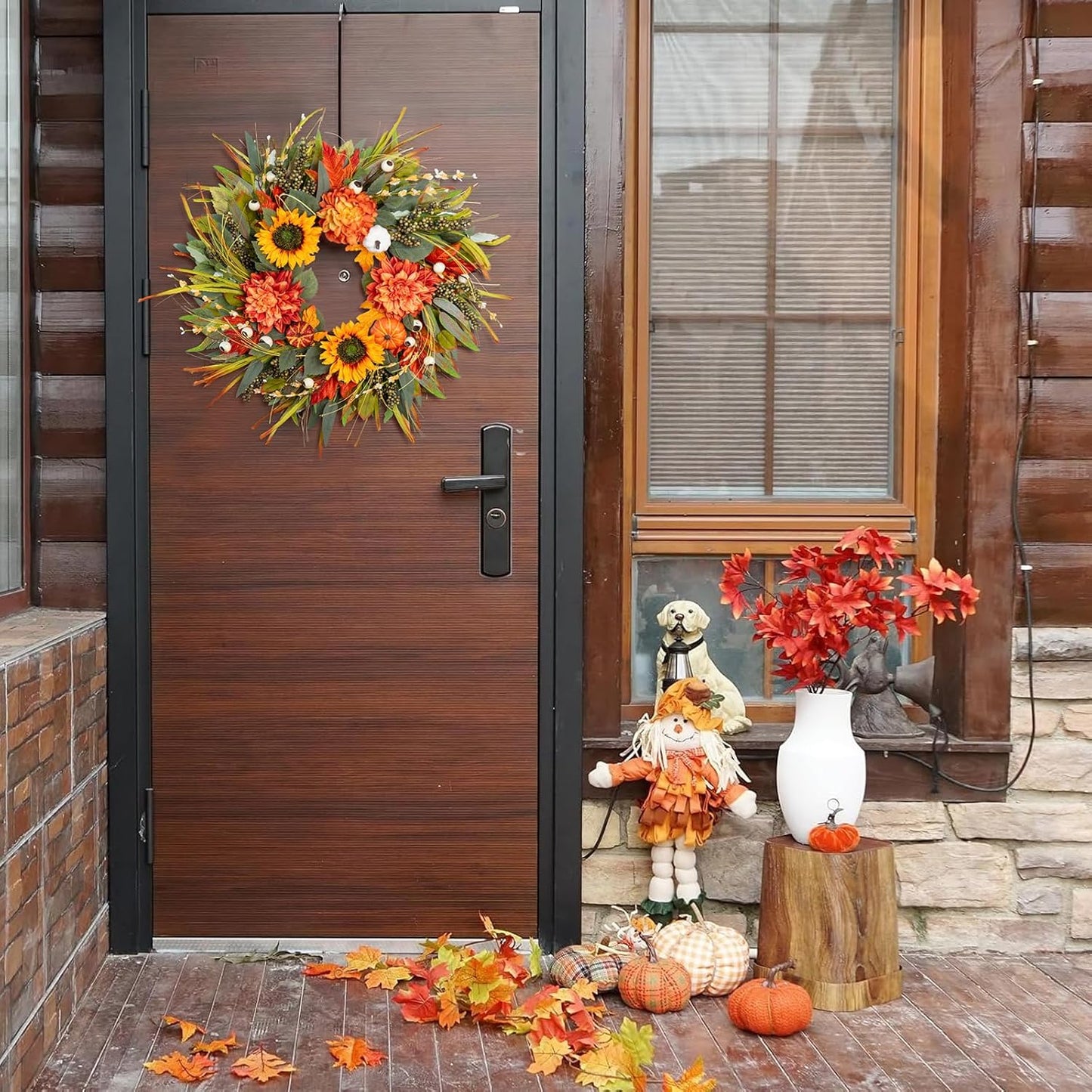 Fall Wreaths for Front Door 24 Inch Fall Wreath with Pumpkins, Sunflowers & Berries – Outdoor Autumn Wreath for Porch, Thanksgiving, Halloween & Harvest Decor