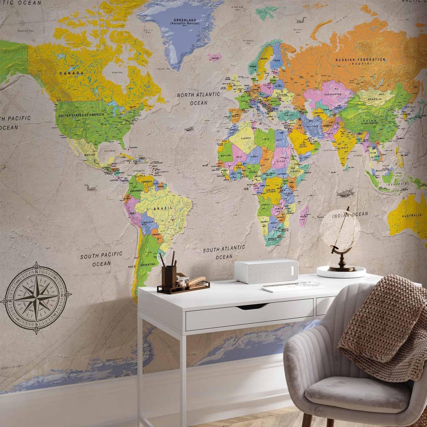artgeist Wall Mural World Map 77x55 in - XXL Peel and Stick Self-Adhesive Wallpaper Removable Large Sticker Foil Wall Decor Print Picture Image Design Map of The World k-A-0129-a-a