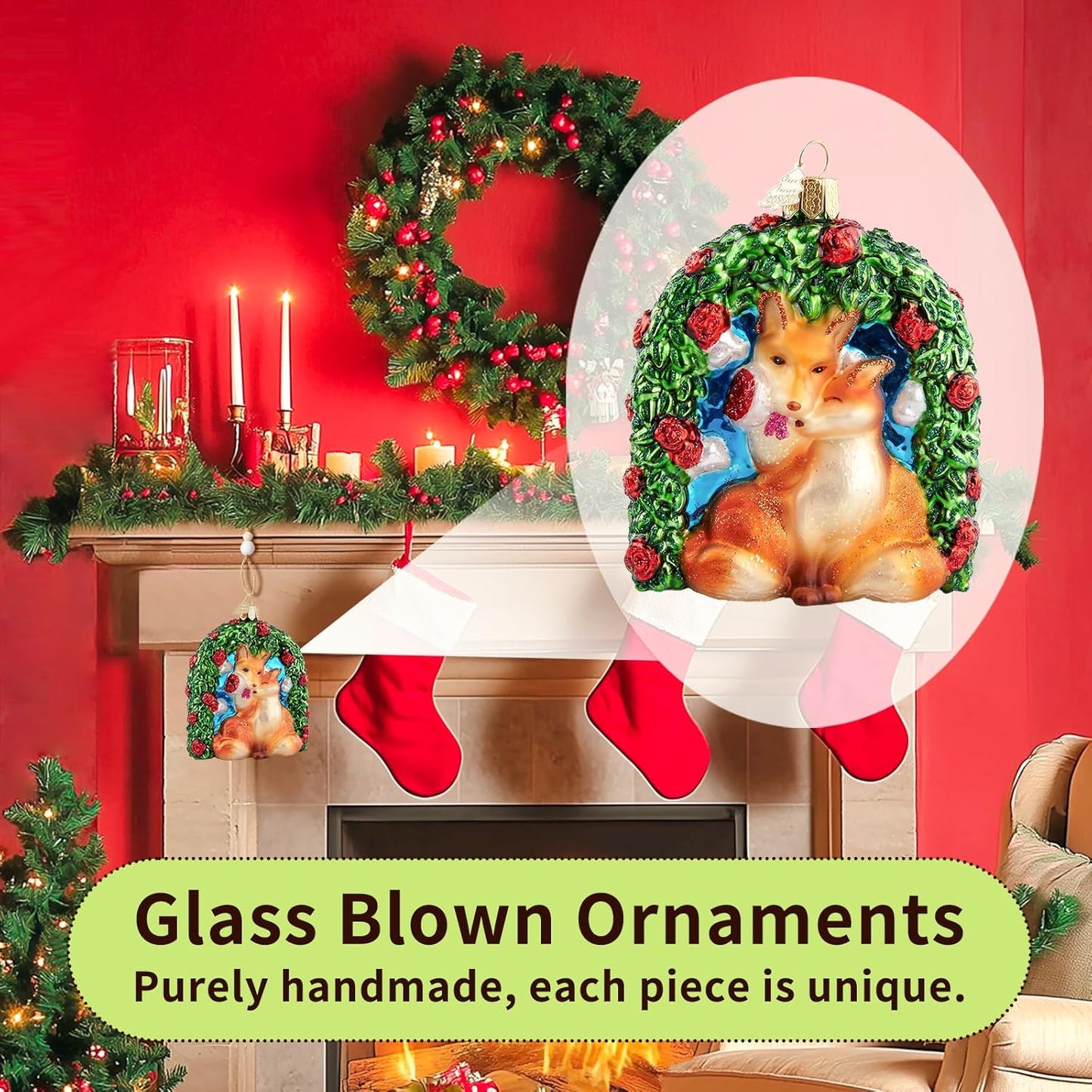Fox Love Christmas Tree Ornaments,Hand-Blown Glass Ornaments,Fox Soulmate Collection Hanging Ornament,Wedding Ornament for Valentine's Day Anniversary Animal Lovers Party Gifts