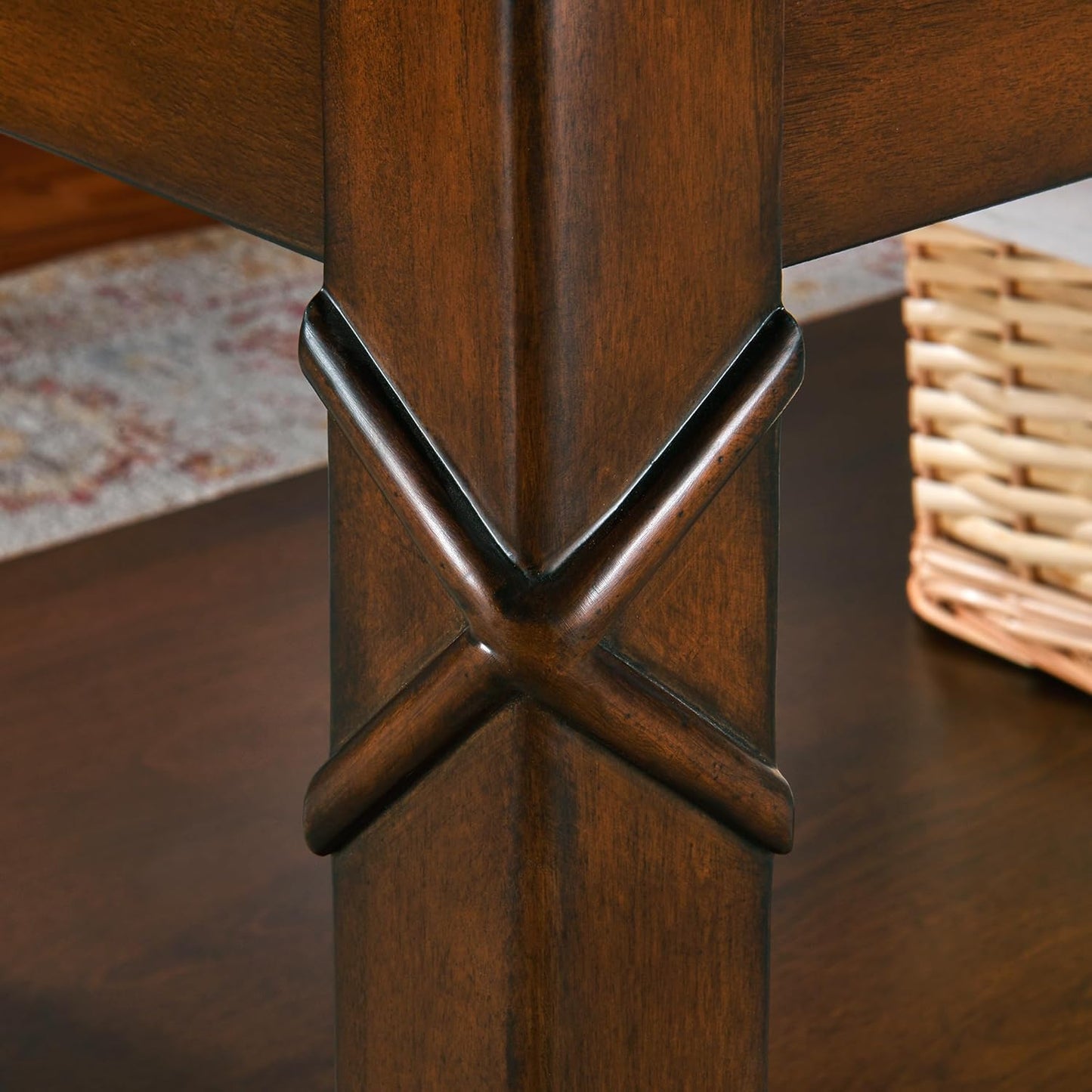 Solid Wood Coffee Table with Storage Shelf, Mid-Century Living Room Tables with Carved Tabletop and Leg, 43.3” Splicing Cocktail Center Sofa Table, Cherry Brown KFZ-DR200