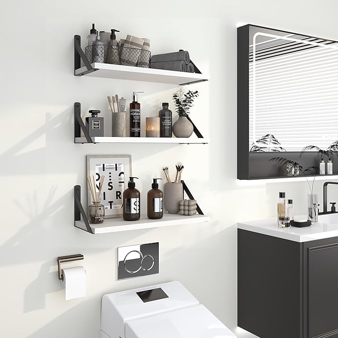 Heimlove Floating Shelves for Wall, 16 Inch Long Wood Floating Shelves Set of 3, Wall Mounted Hanging Shelf for Bathroom Bedroom Kitchen, White