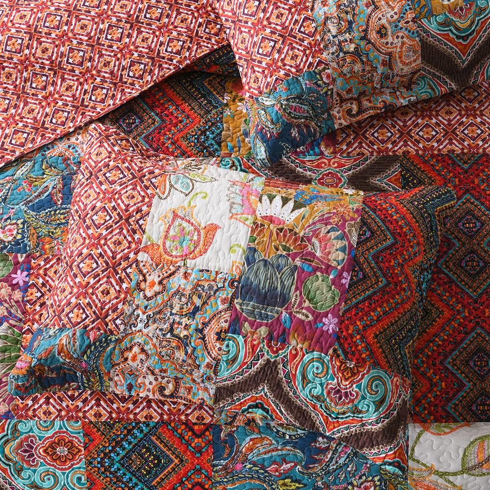 Autumn Dream Cotton Patchwork Bedspread Quilt Sets, Reversible Bedding Coverlet Sets, Red Gorgeous Vintage Pattern, QueenSize