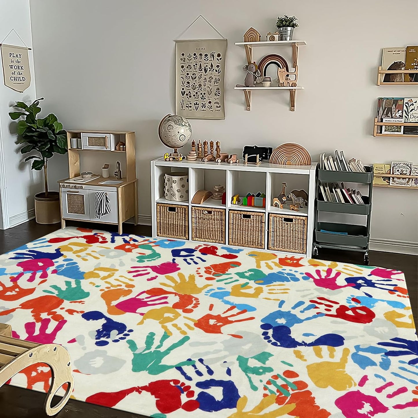 STARUIA Large Colorful Kids Rug 6x9 Ft, Non-Slip Washable Rugs for Classroom, Handprints and Footprints Rugs for Playroom, Soft Nursery Rug Indoor Play Mat for Kids Room Daycare School