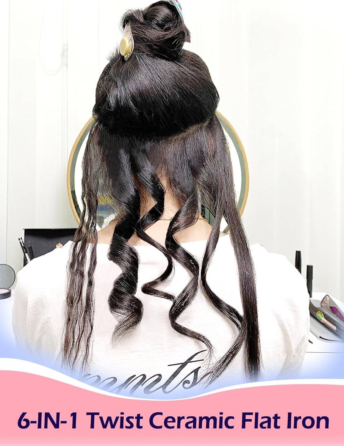 ANGENIL Pro Twist Flat Iron Hair Straightener, 2 in 1 Straightener and Curling Iron for Women, Round Pink Dual Voltage Hair Straightener with Silicone Heat Resistant Mat, 20s Fast Heating, LCD Display