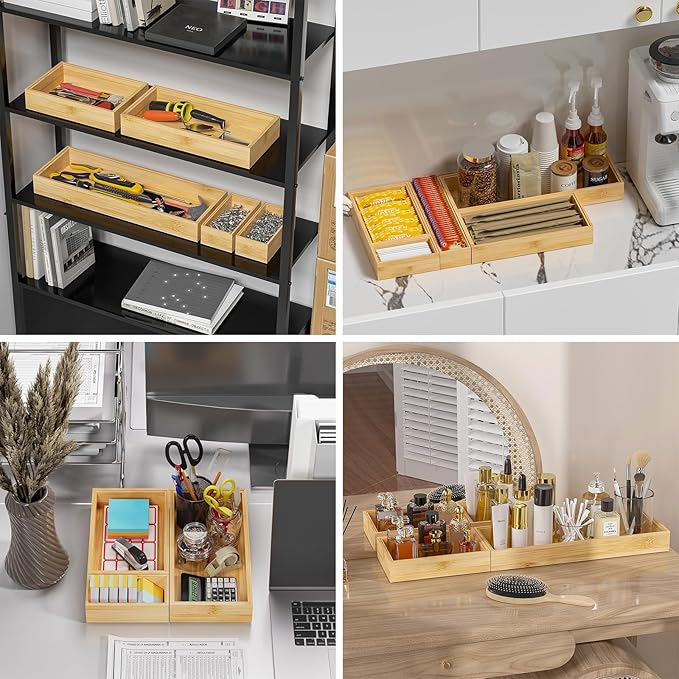 Bamboo Drawer Organizer, Small Silverware Organizer for Kitchen Drawer, Stackable Utensil Tray, 2 Pcs Flatware Organizer, Bamboo 6" x 3" x 2" (Outer), 5.3" x 2.3" x 1.77" (Inner)