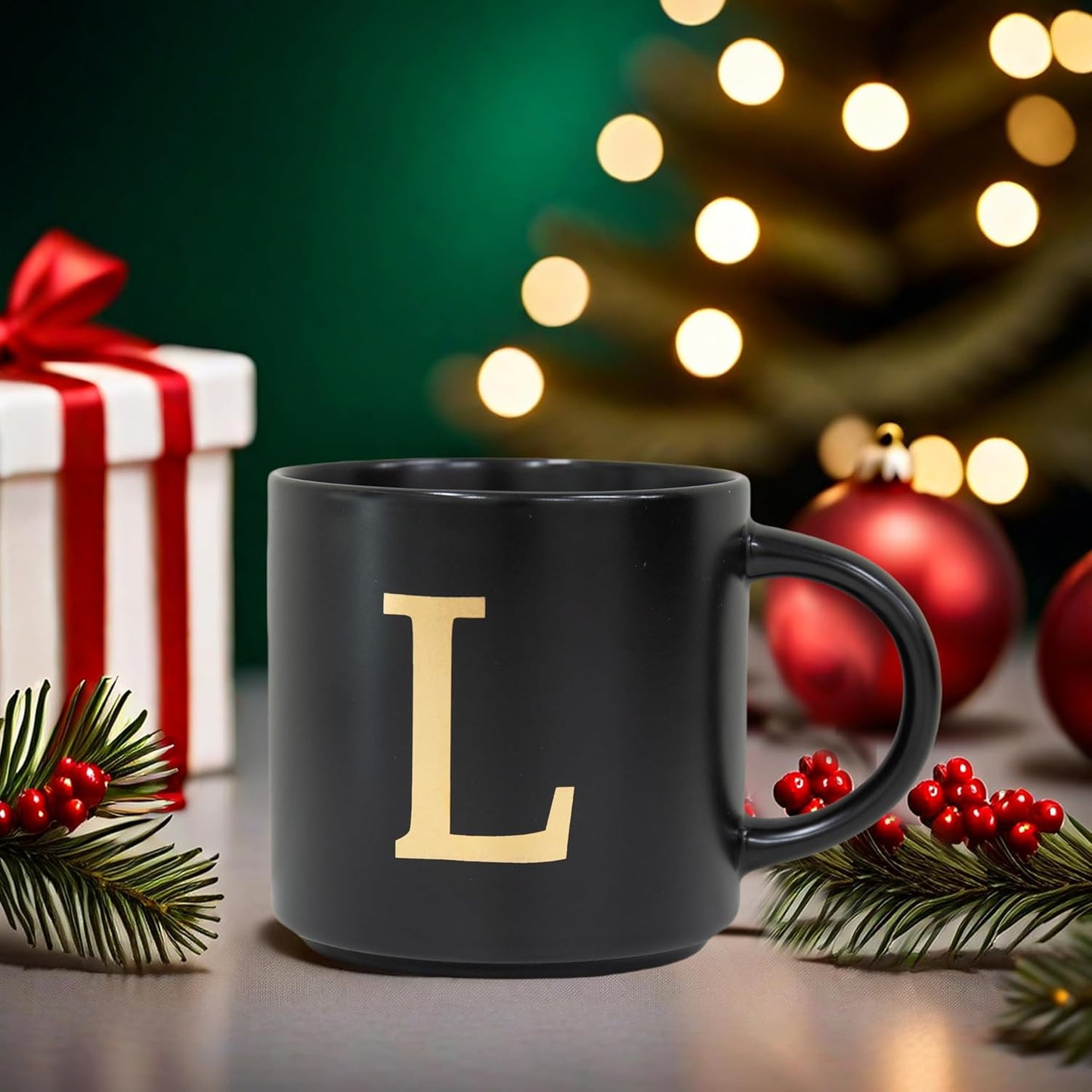 COLLECTIVE HOME - Monogram Ceramic Mugs, 15 oz Golden Initial Black Coffee Cups, Elegant Alphabet Tea Mugs, Elegant Personalized Mug with Gift Box, Unique Mug with Double Side Capital Lette (L)